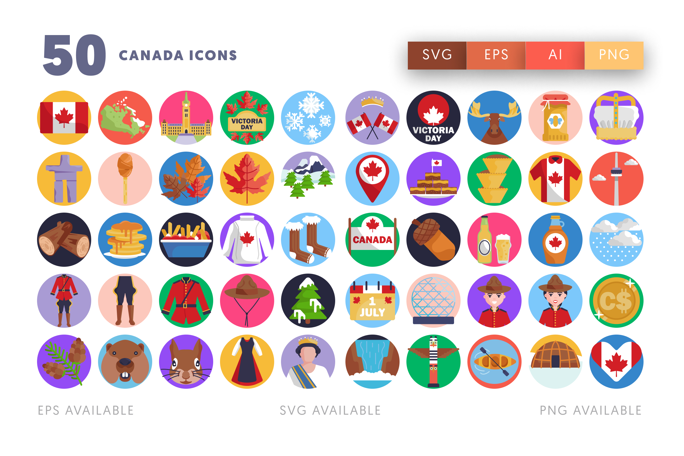 50 Canada Icons – flat circle icon set