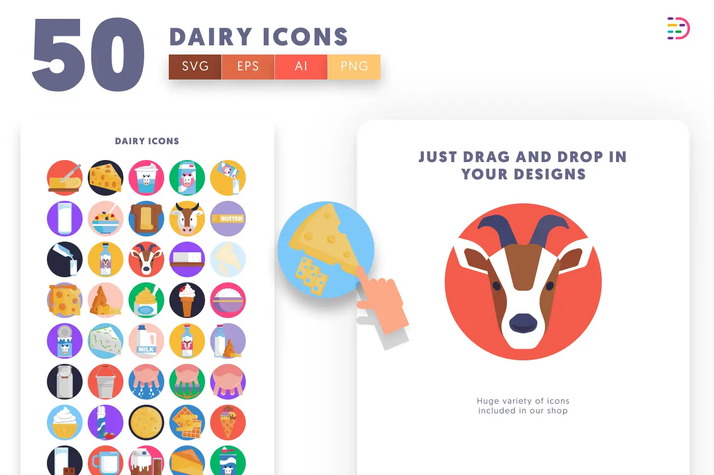 50 Dairy Icons preview 1 – flat circle icons in PNG, SVG and EPS