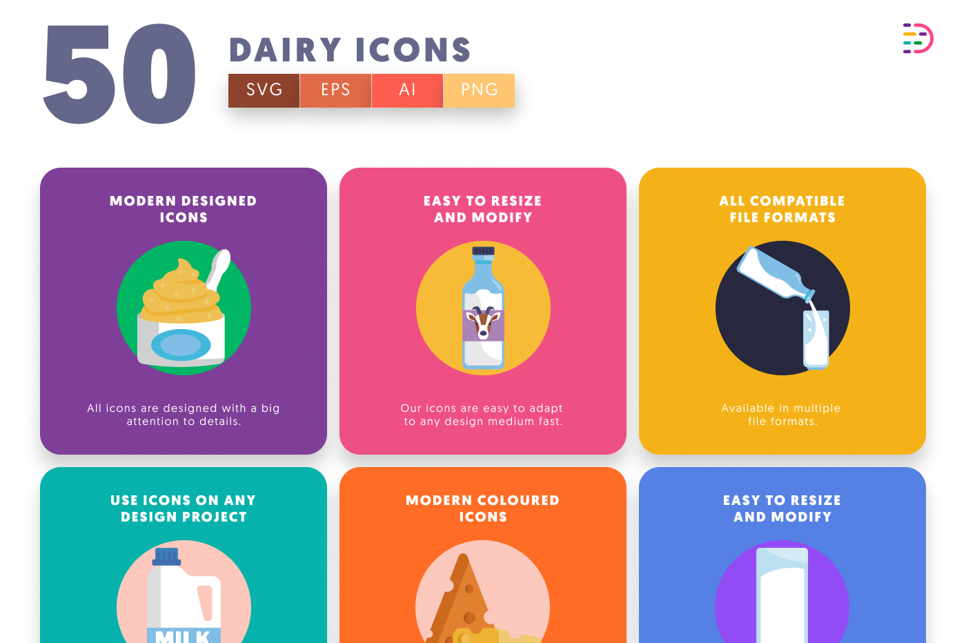 50 Dairy Icons preview 5 – flat circle icons in PNG, SVG and EPS