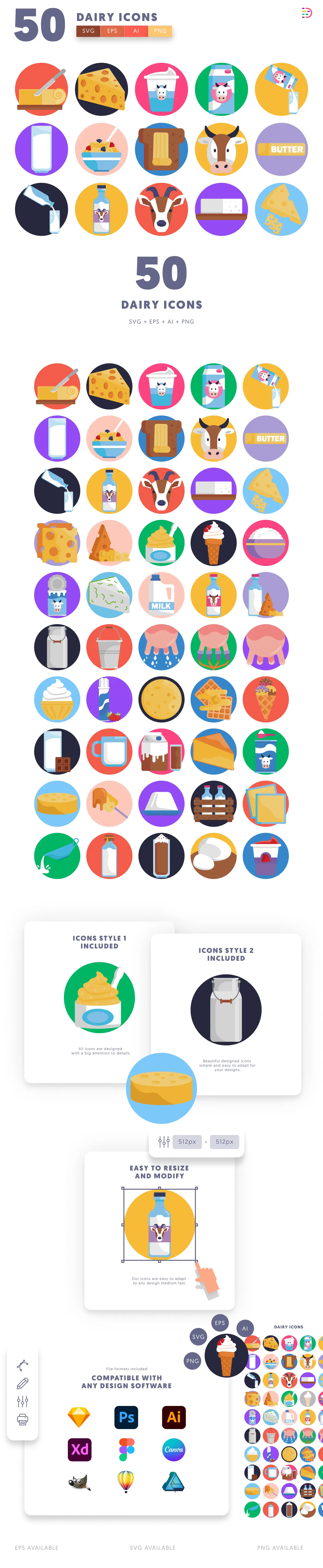 50 Dairy Icons cover – flat circle icons in PNG, SVG and EPS