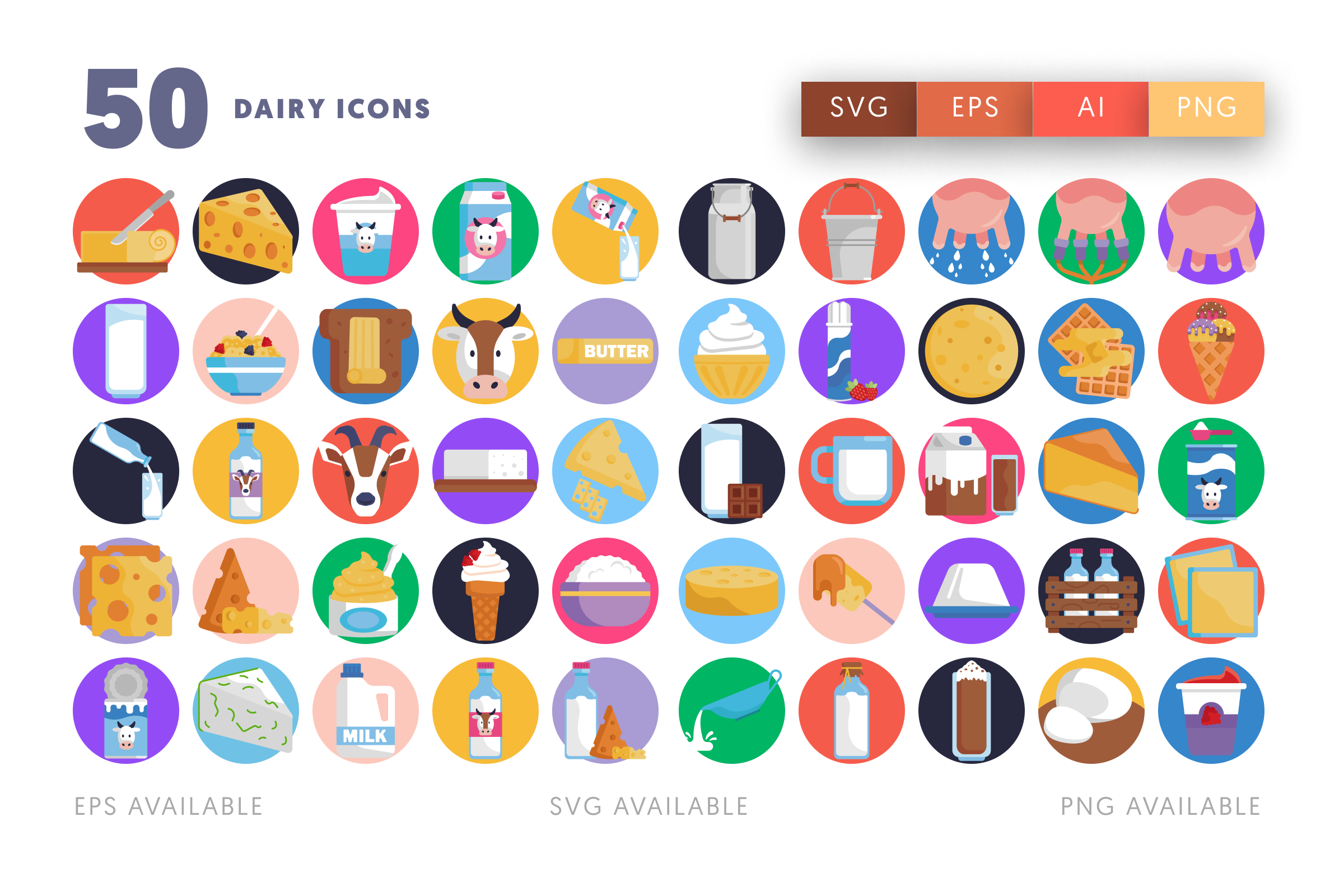 50 Dairy Icons – flat circle icon set