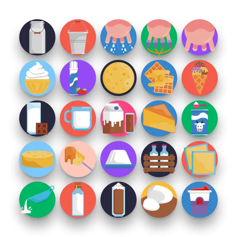 50 Dairy Icons – set of colorful flat circle icons