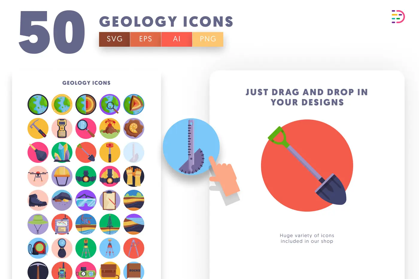 50 Geology Icons preview 1 – flat circle icons in PNG, SVG and EPS