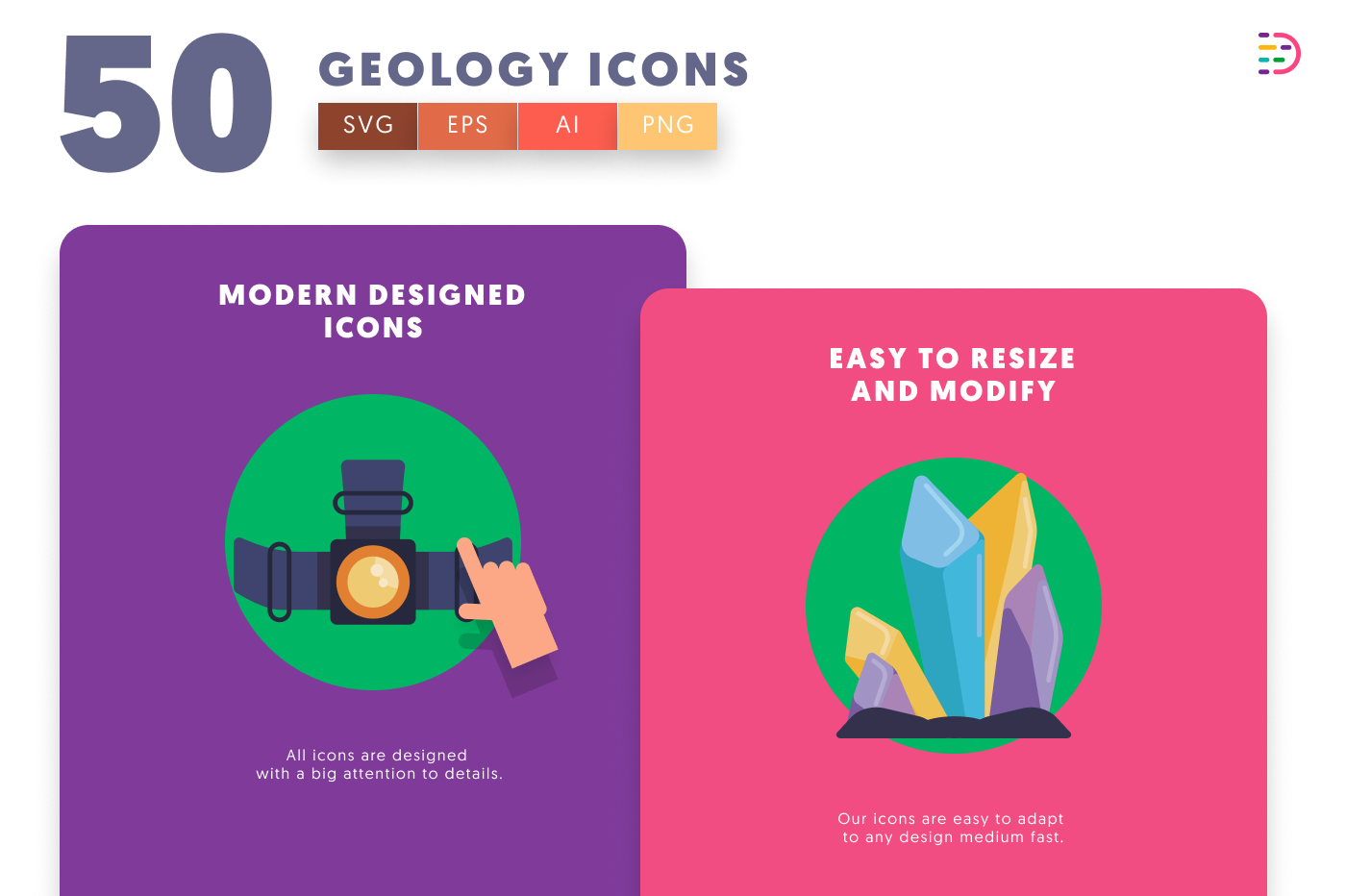 50 Geology Icons cover – flat circle icons in PNG, SVG and EPS