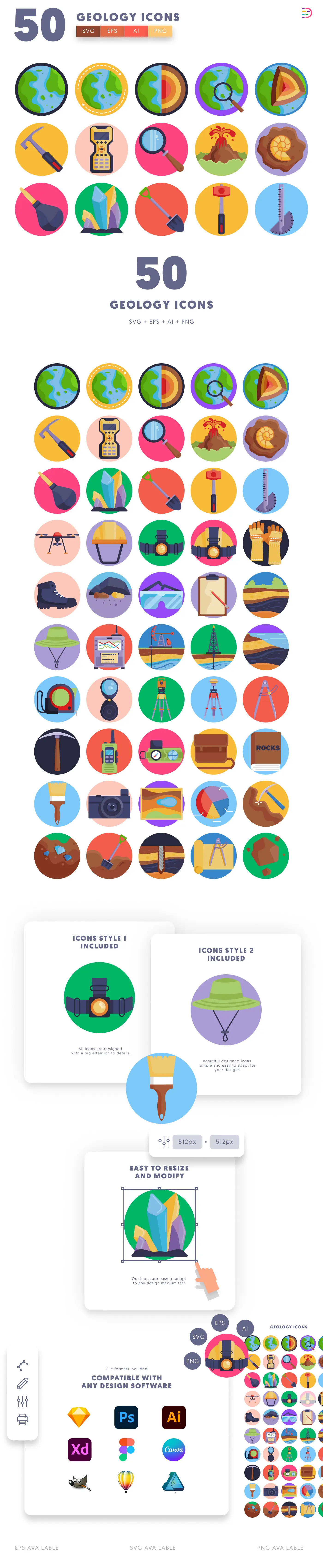 50 Geology Icons cover – flat circle icons in PNG, SVG and EPS