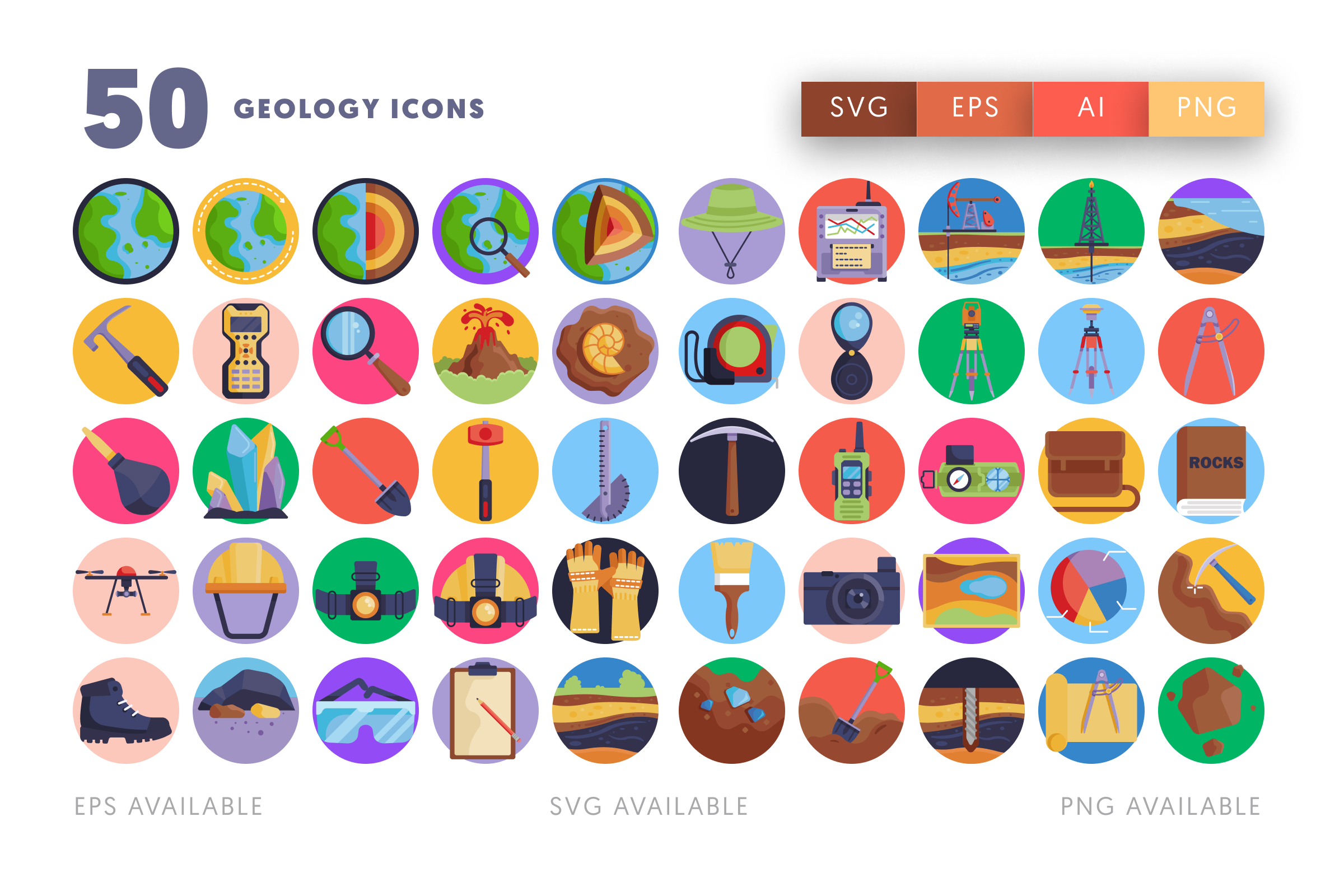 50 Geology Icons – flat circle icon set