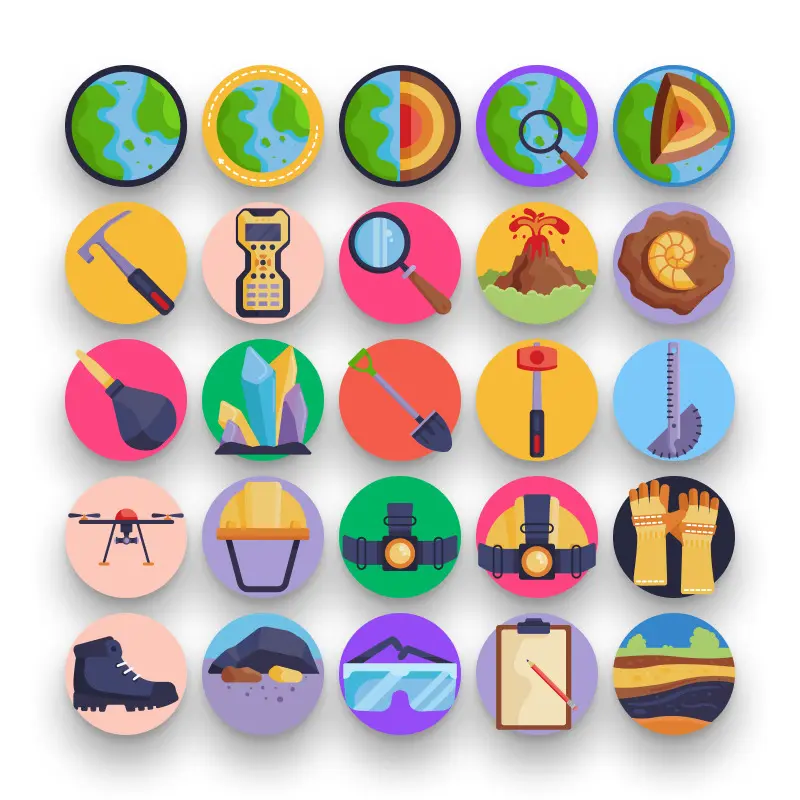 50 Geology Icons – set of colorful flat circle icons