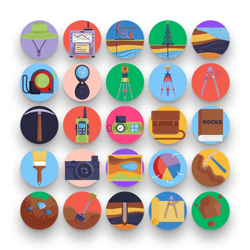 50 Geology Icons – set of colorful flat circle icons