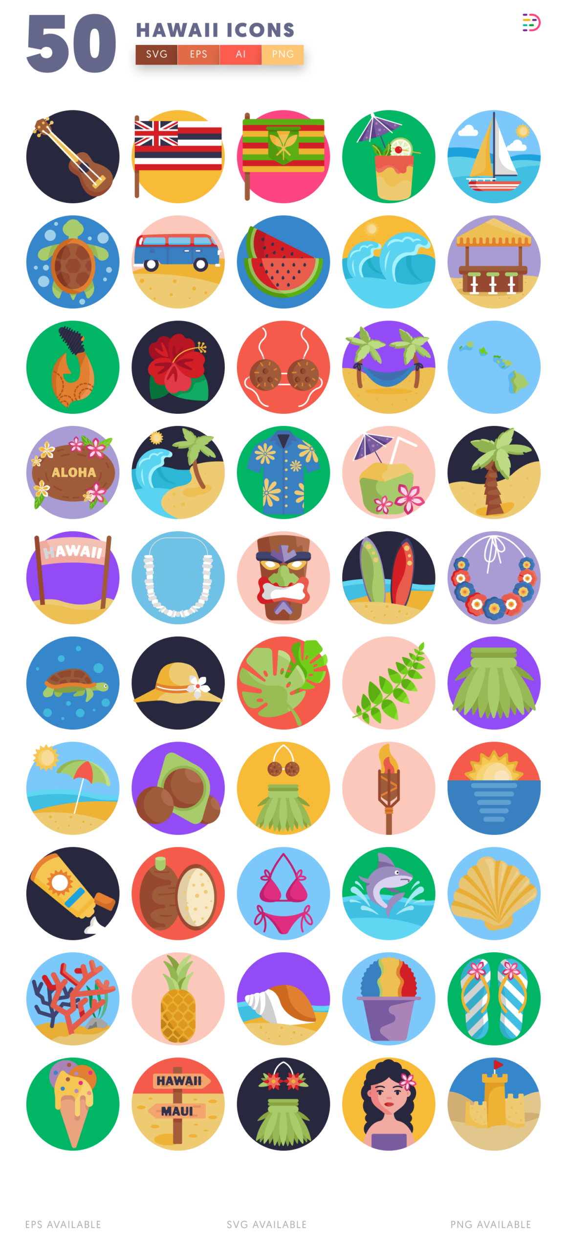 50 Hawaii Icons – Tropical, Cultural & Travel-Themed Vector Set