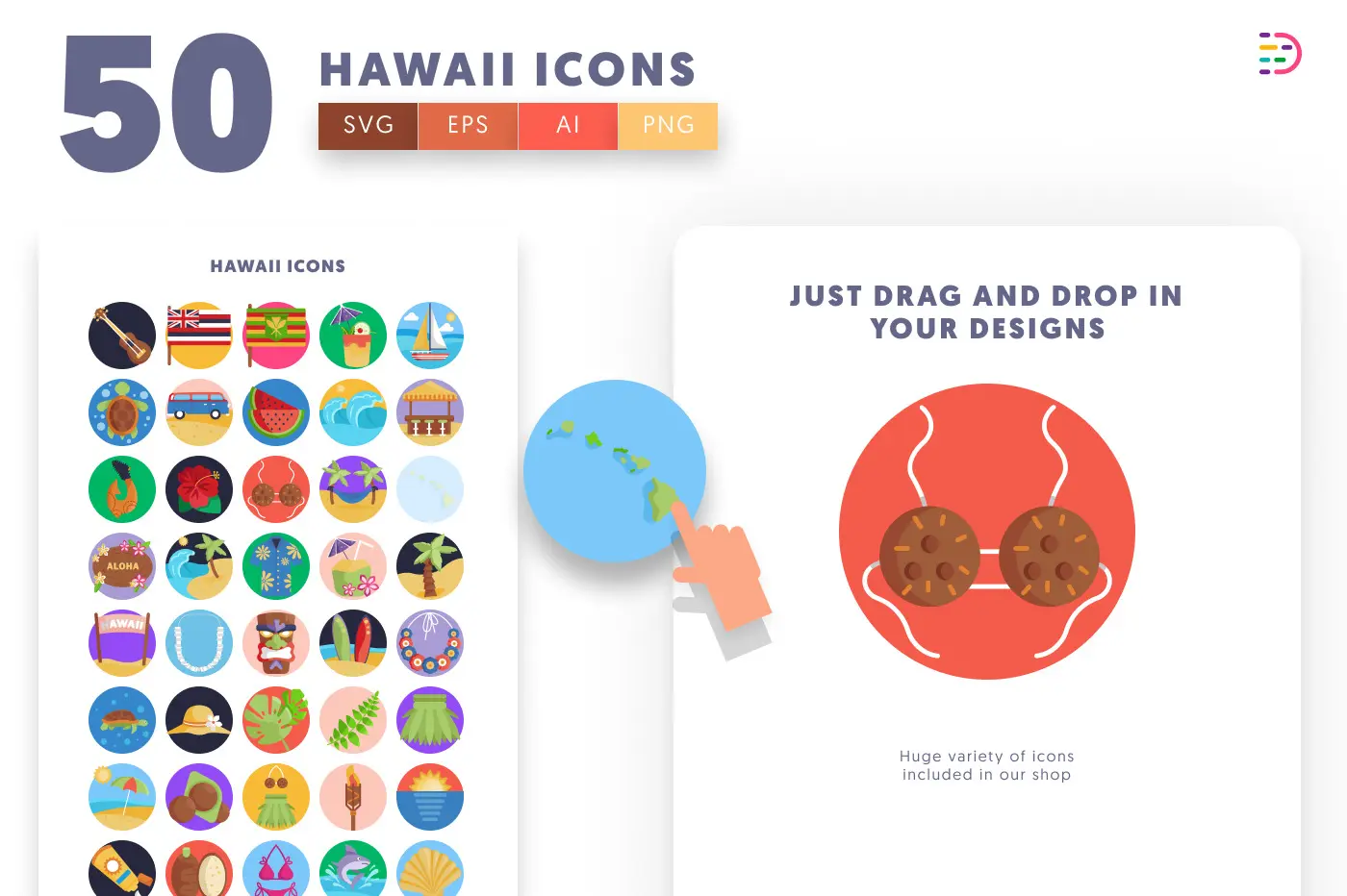 50 Hawaii Icons preview 1 – flat circle icons in PNG, SVG and EPS
