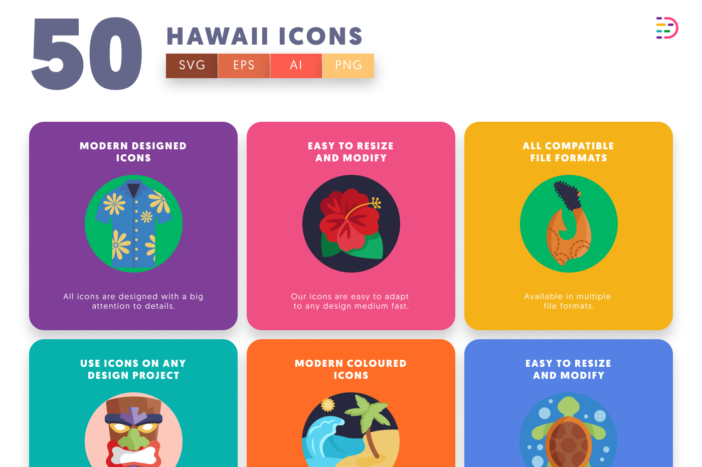 50 Hawaii Icons preview 5 – flat circle icons in PNG, SVG and EPS