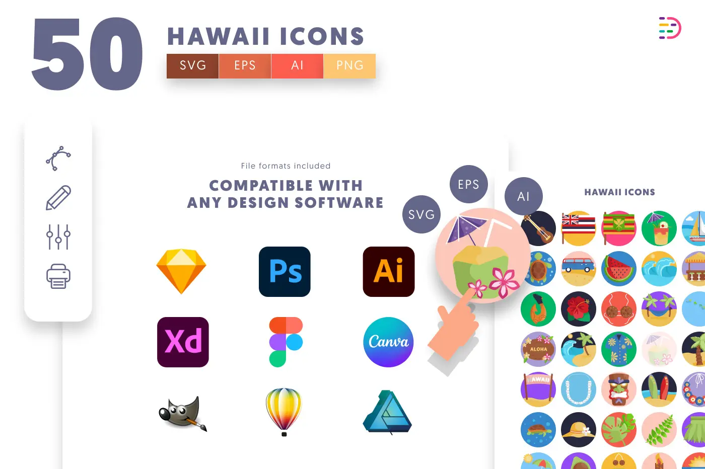 50 Hawaii Icons preview 8 – flat circle icons in PNG, SVG and EPS