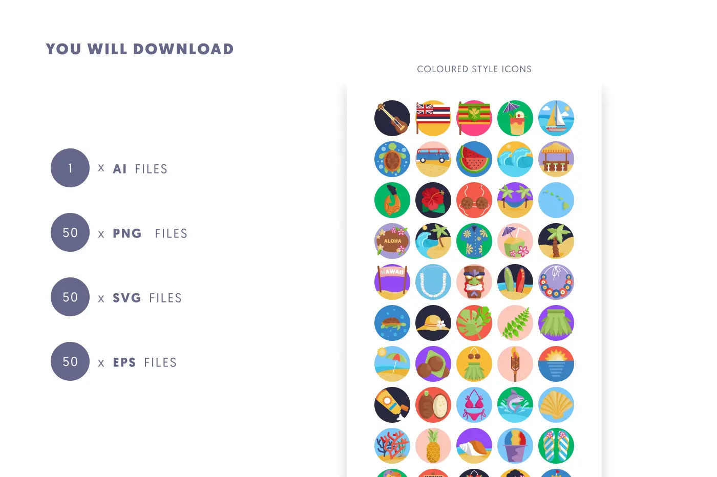 50 Hawaii Icons preview 9 – flat circle icons in PNG, SVG and EPS