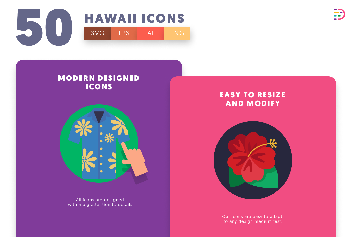 50 Hawaii Icons cover – flat circle icons in PNG, SVG and EPS