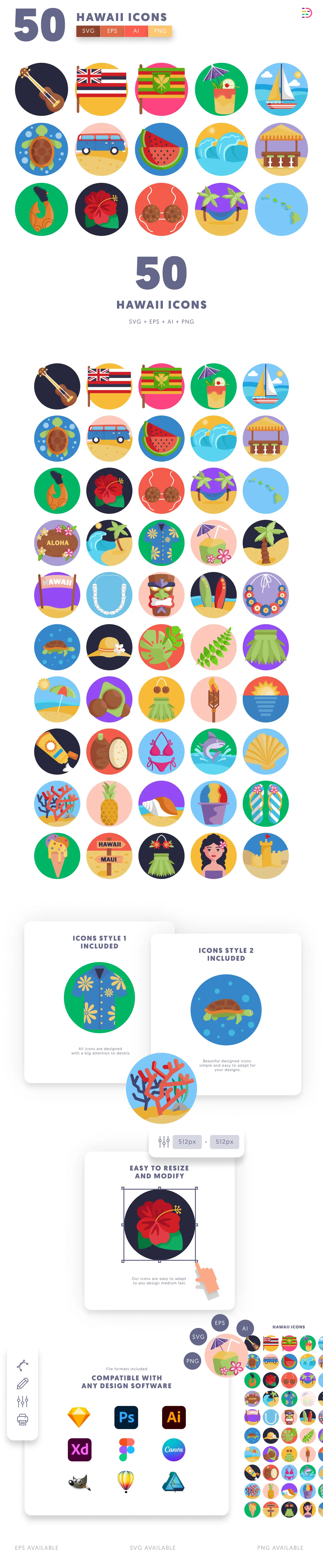 50 Hawaii Icons cover – flat circle icons in PNG, SVG and EPS