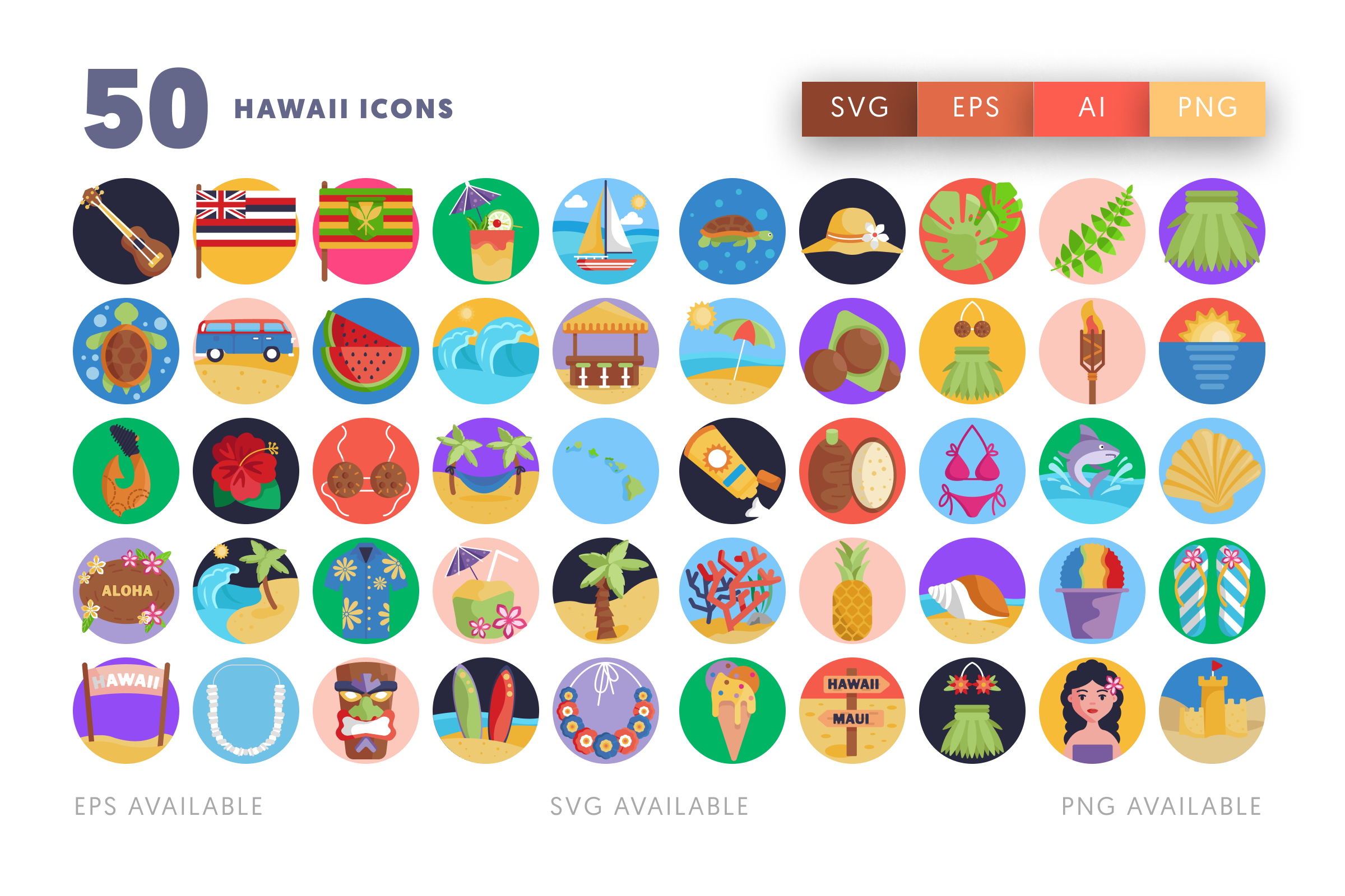 50 Hawaii Icons – flat circle icon set