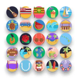 50 Hawaii Icons – set of colorful flat circle icons