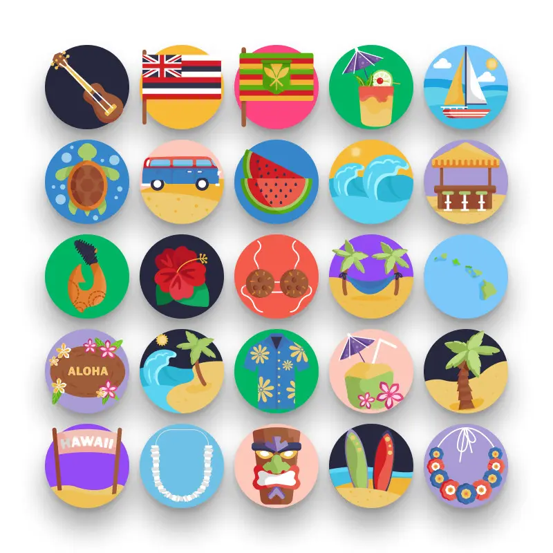 50 Hawaii Icons – set of colorful flat circle icons