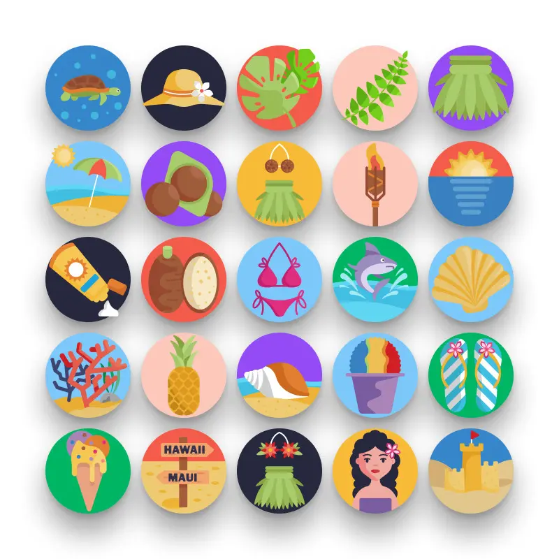 50 Hawaii Icons – set of colorful flat circle icons