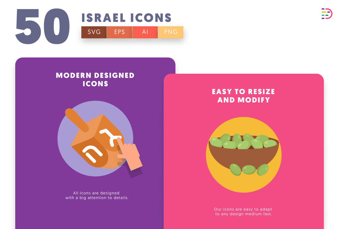 50 Israel Icons cover – flat circle icons in PNG, SVG and EPS
