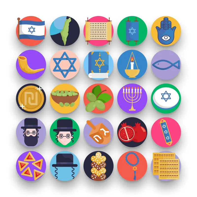 50 Israel Icons – set of colorful flat circle icons