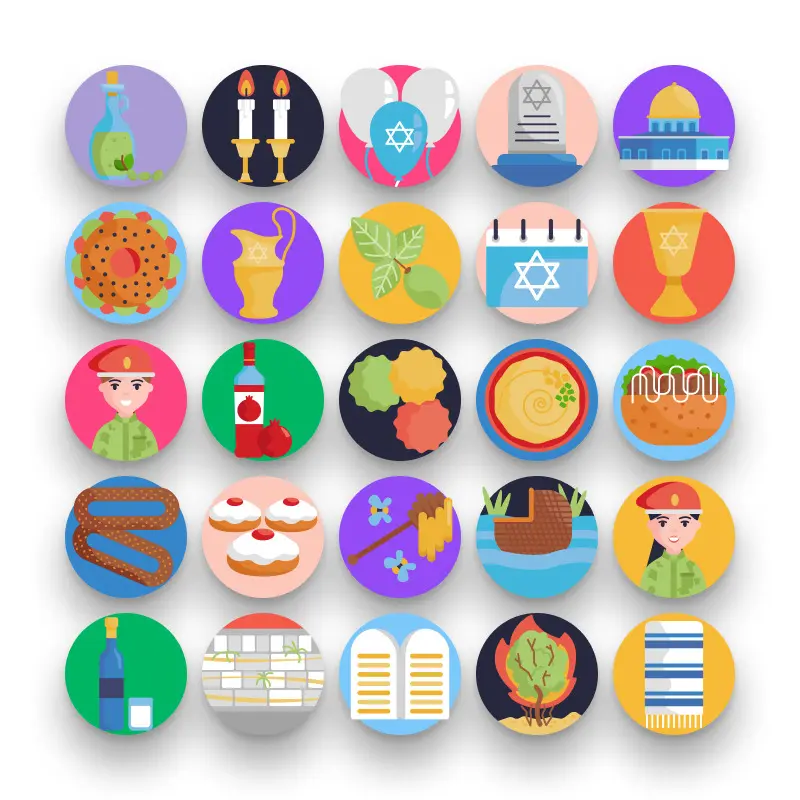 50 Israel Icons – set of colorful flat circle icons