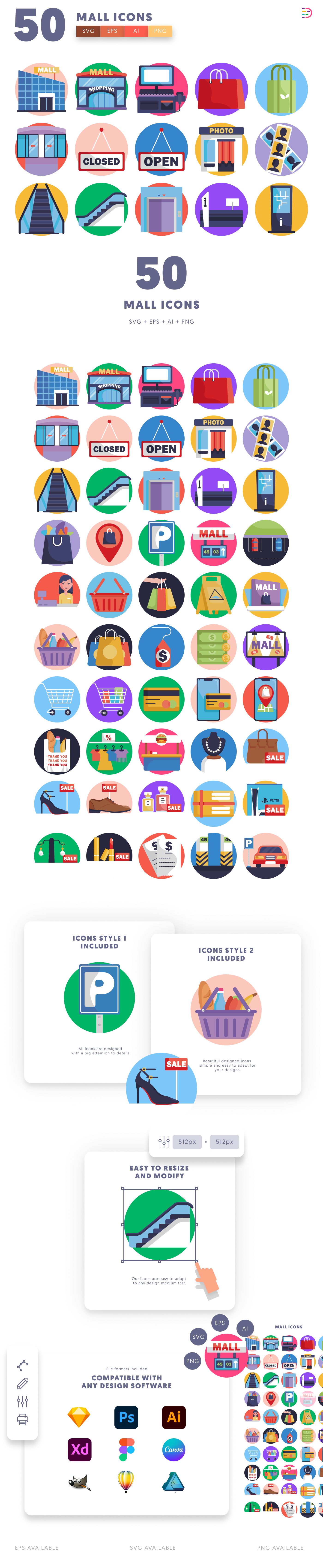 50 Mall Icons cover – illustrated icons in PNG, SVG and EPS
