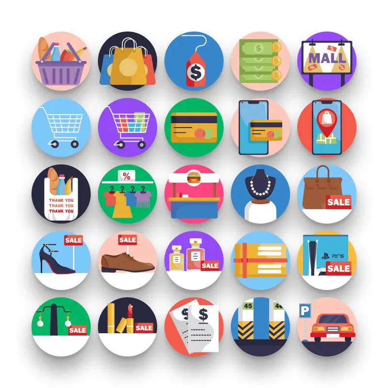 50 Mall Icons – set of colorful illustrated icons