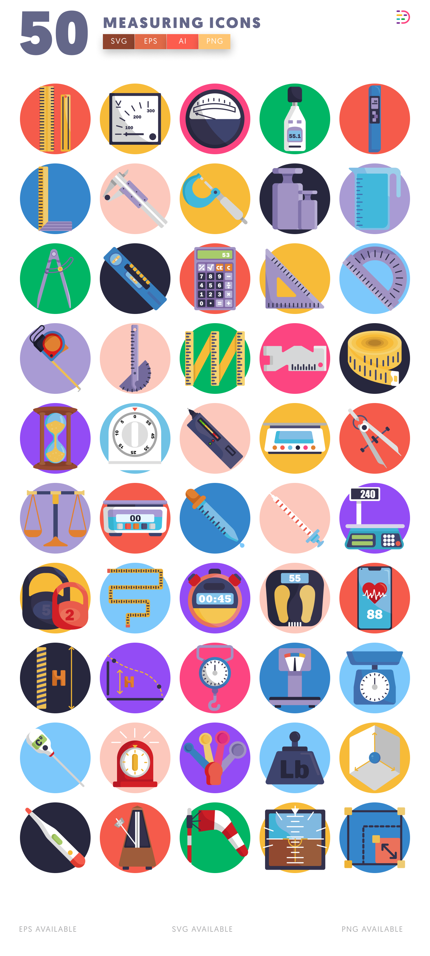 50 Measuring Icons – set of colorful flat circle icons