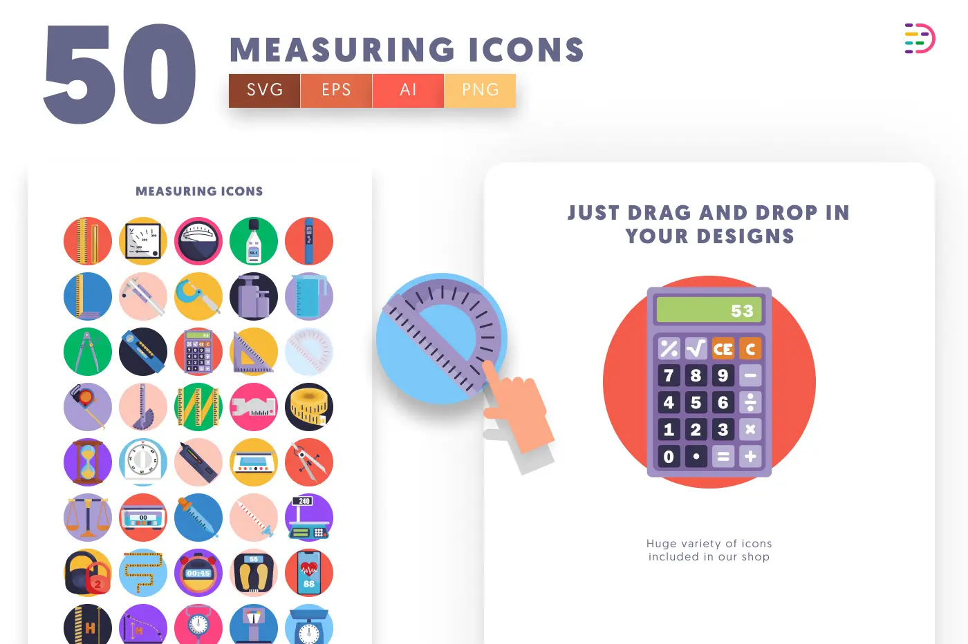 50 Measuring Icons – set of colorful flat circle icons