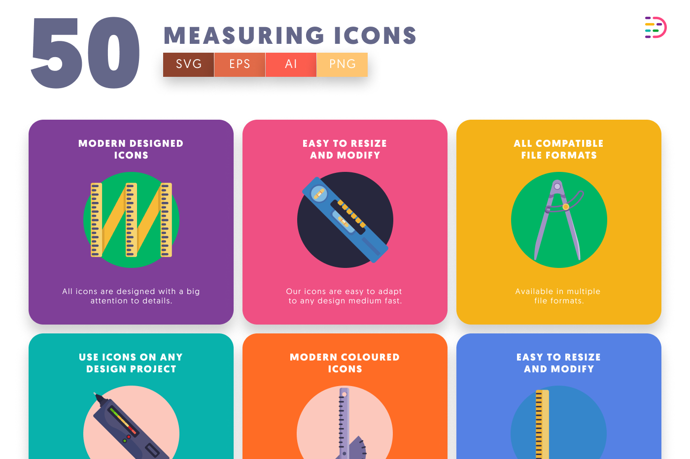 50 Measuring Icons – set of colorful flat circle icons