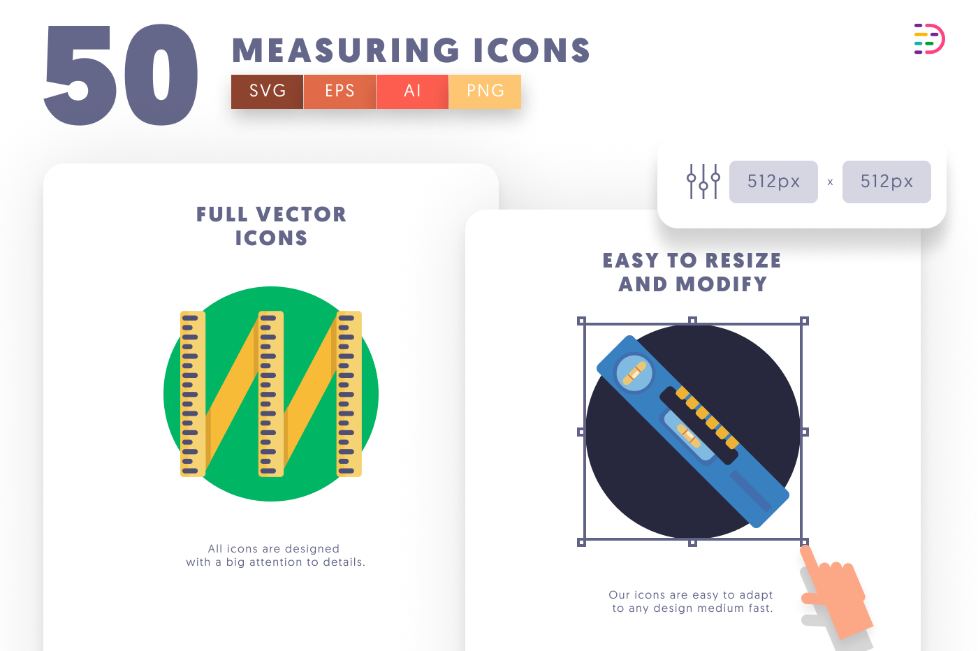 50 Measuring Icons – set of colorful flat circle icons