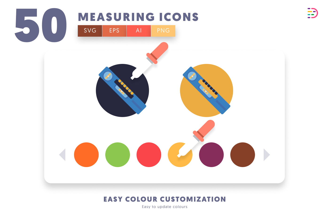 50 Measuring Icons – set of colorful flat circle icons