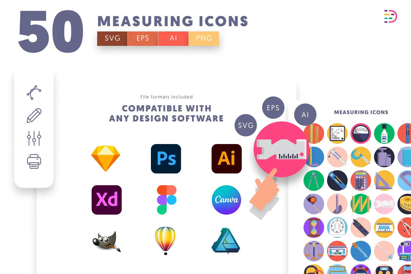 50 Measuring Icons – set of colorful flat circle icons