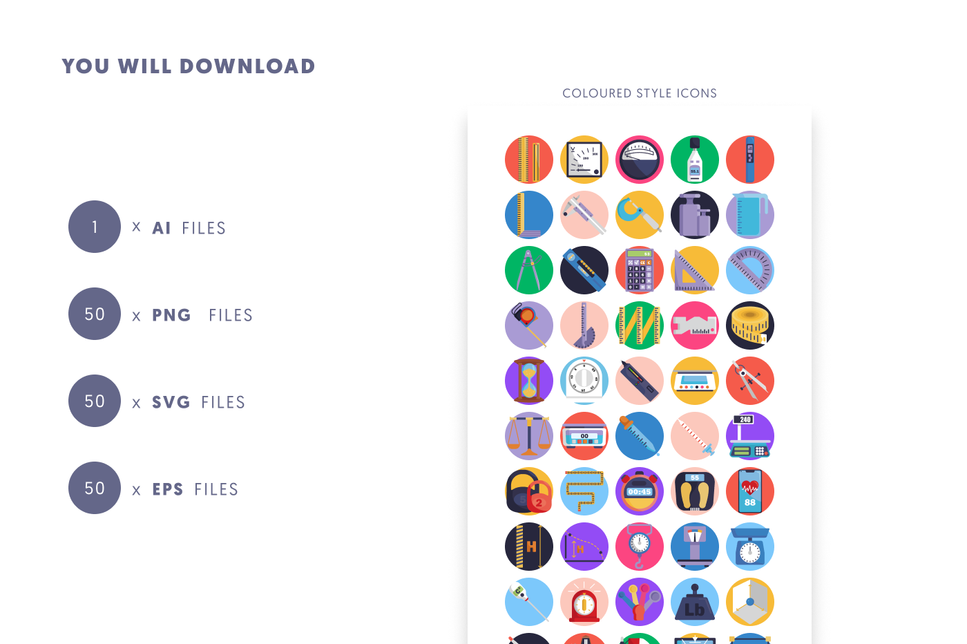 50 Measuring Icons – set of colorful flat circle icons