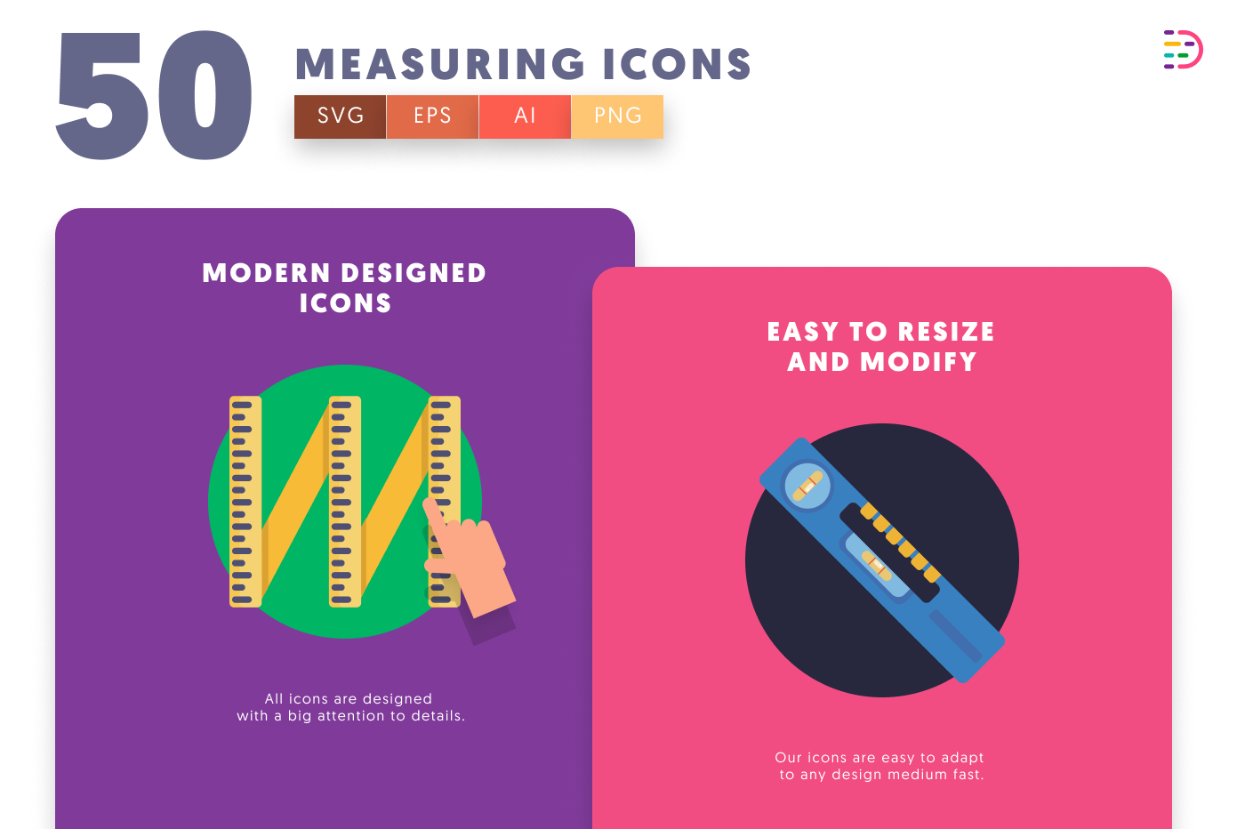 50 Measuring Icons – set of colorful flat circle icons