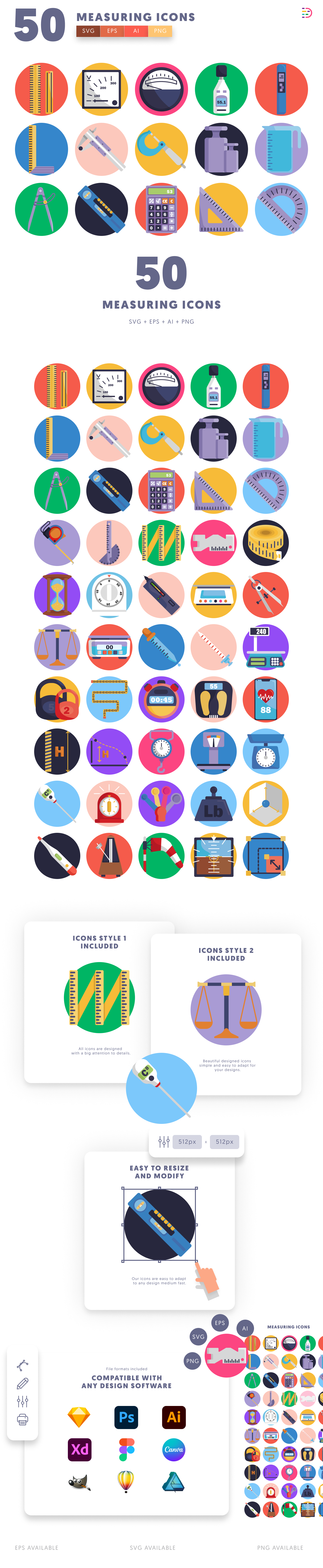 50 Measuring Icons – set of colorful flat circle icons