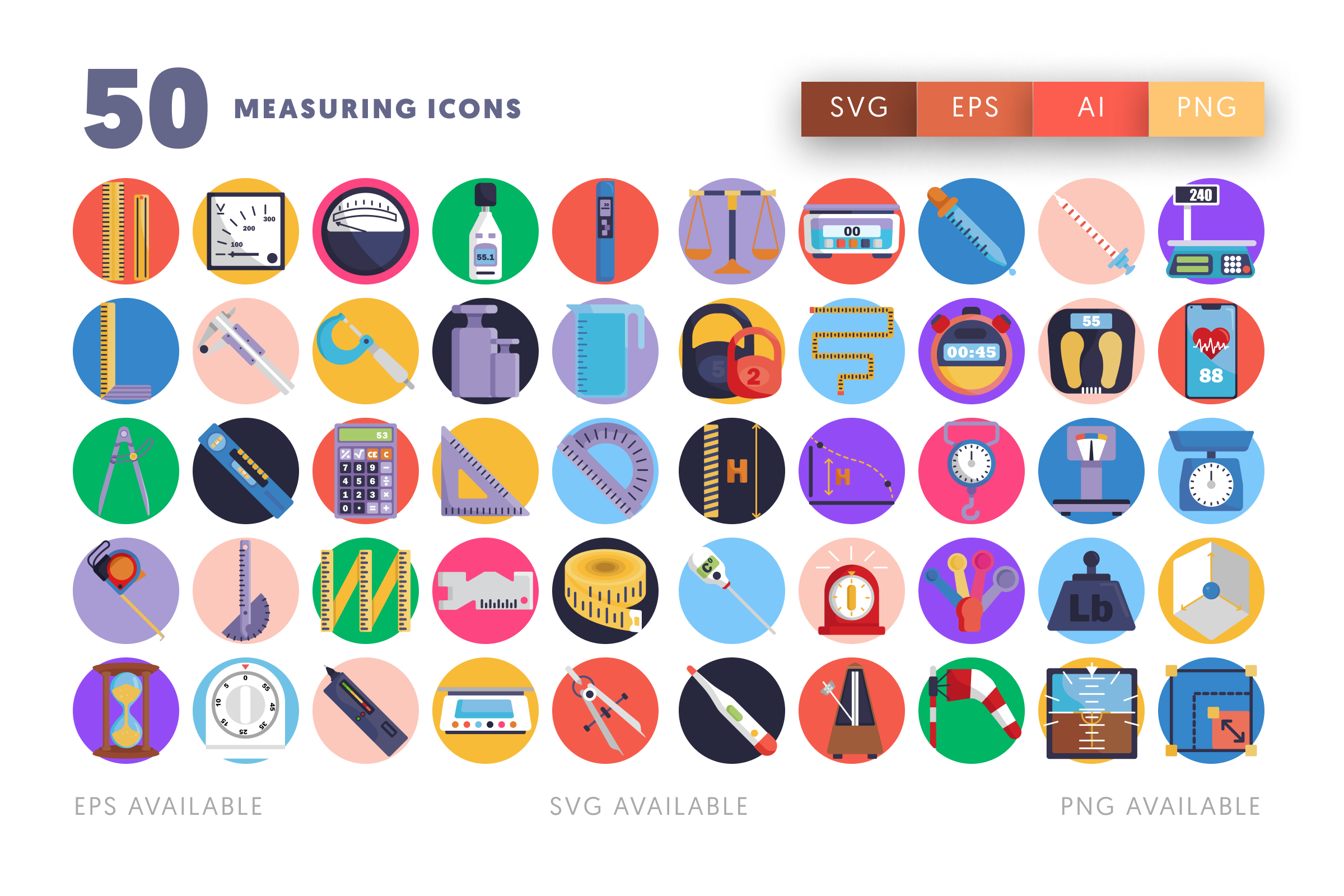 50 Measuring Icons – flat circle icon set