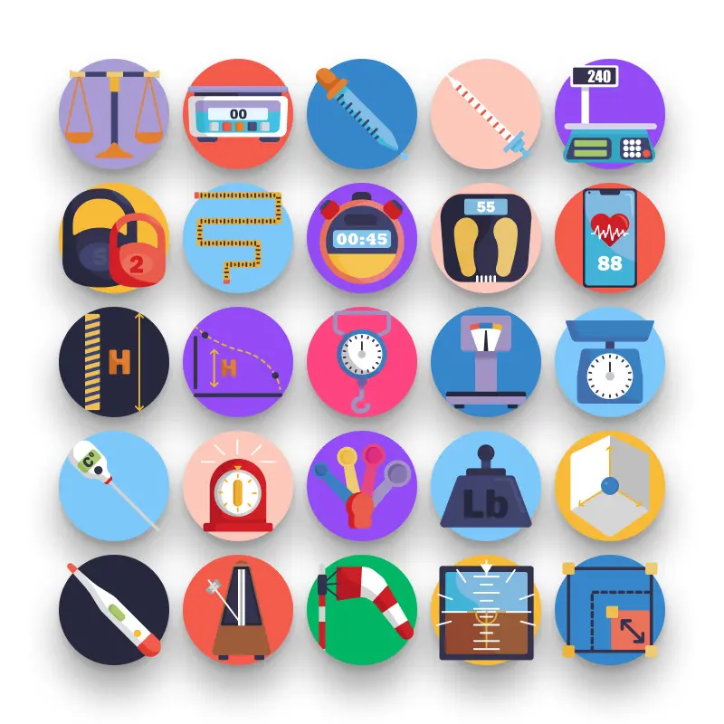 50 Measuring Icons – set of colorful flat circle icons