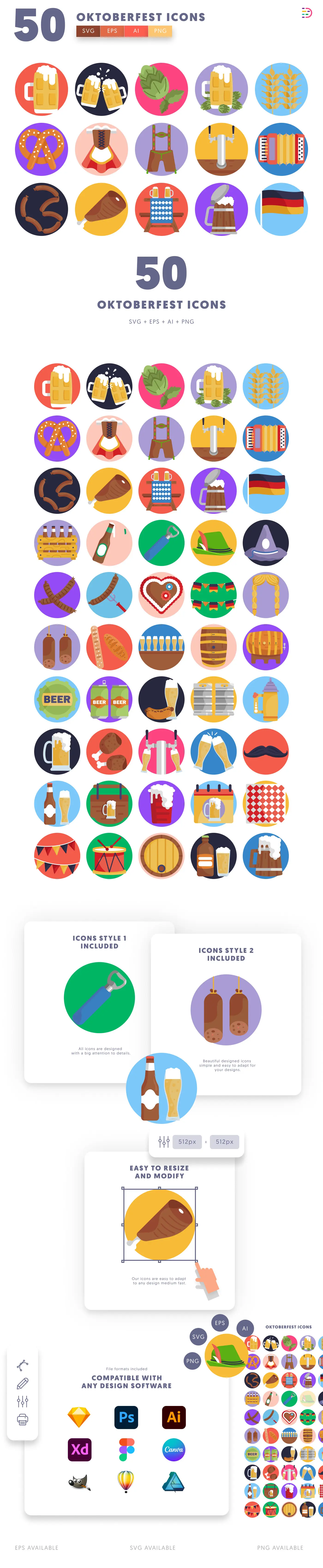 50 Oktoberfest Icons cover – flat circle icons in PNG, SVG and EPS