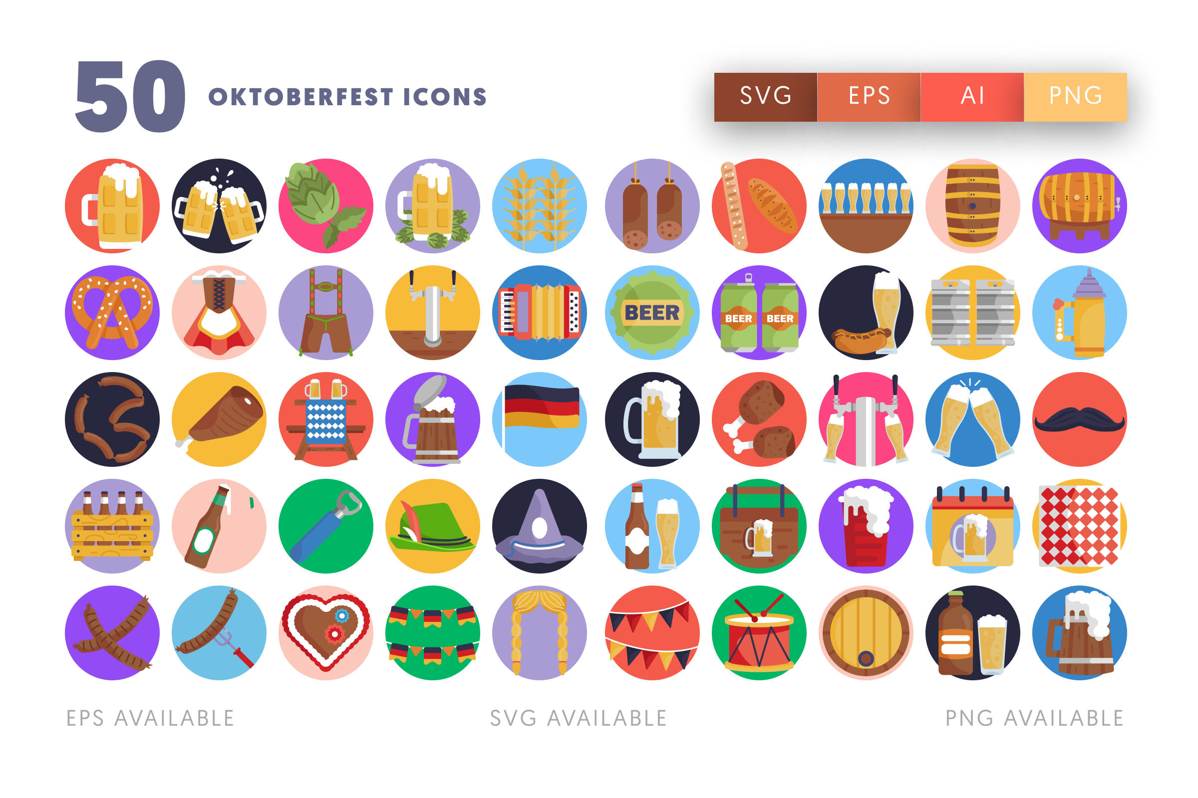 50 Oktoberfest Icons – flat circle icon set