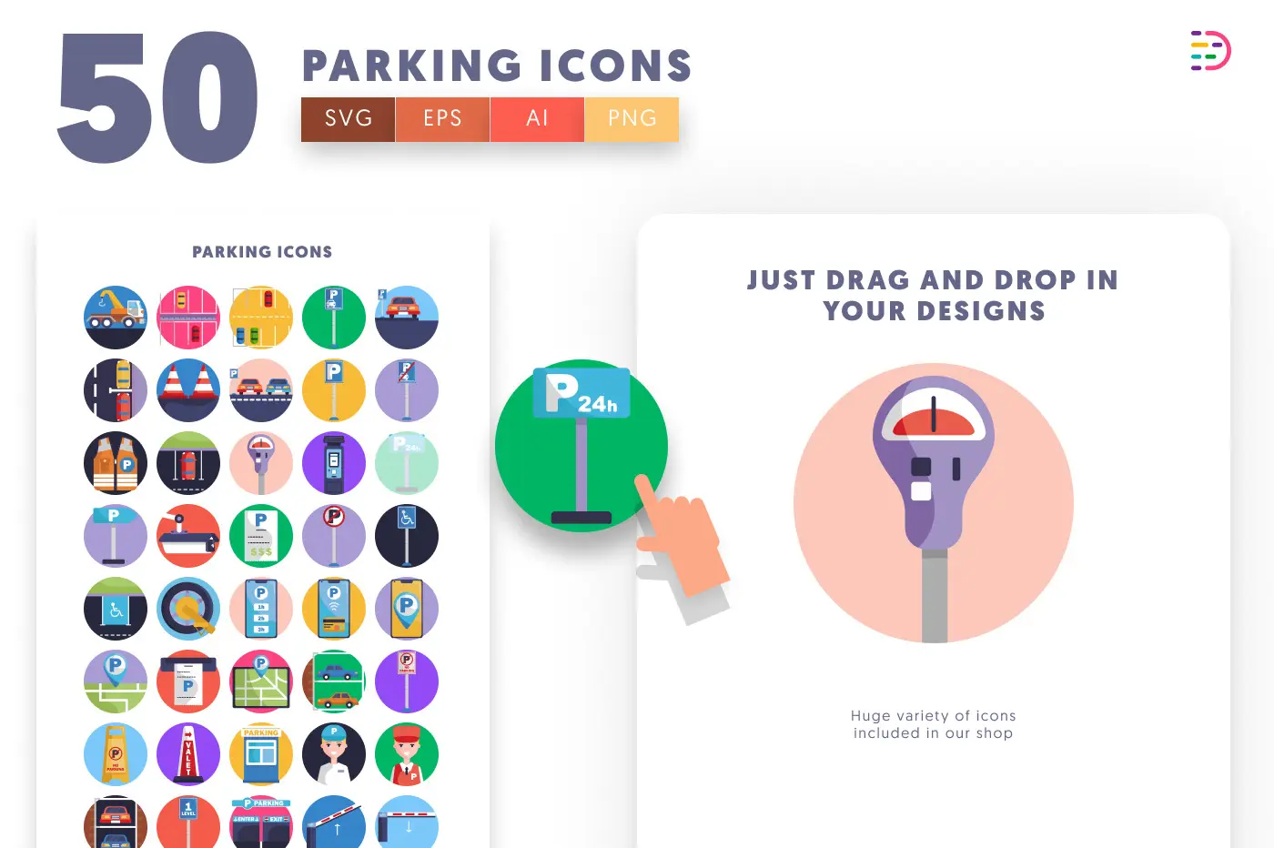 50 Parking Icons preview 1 – flat circle icons in PNG, SVG and EPS