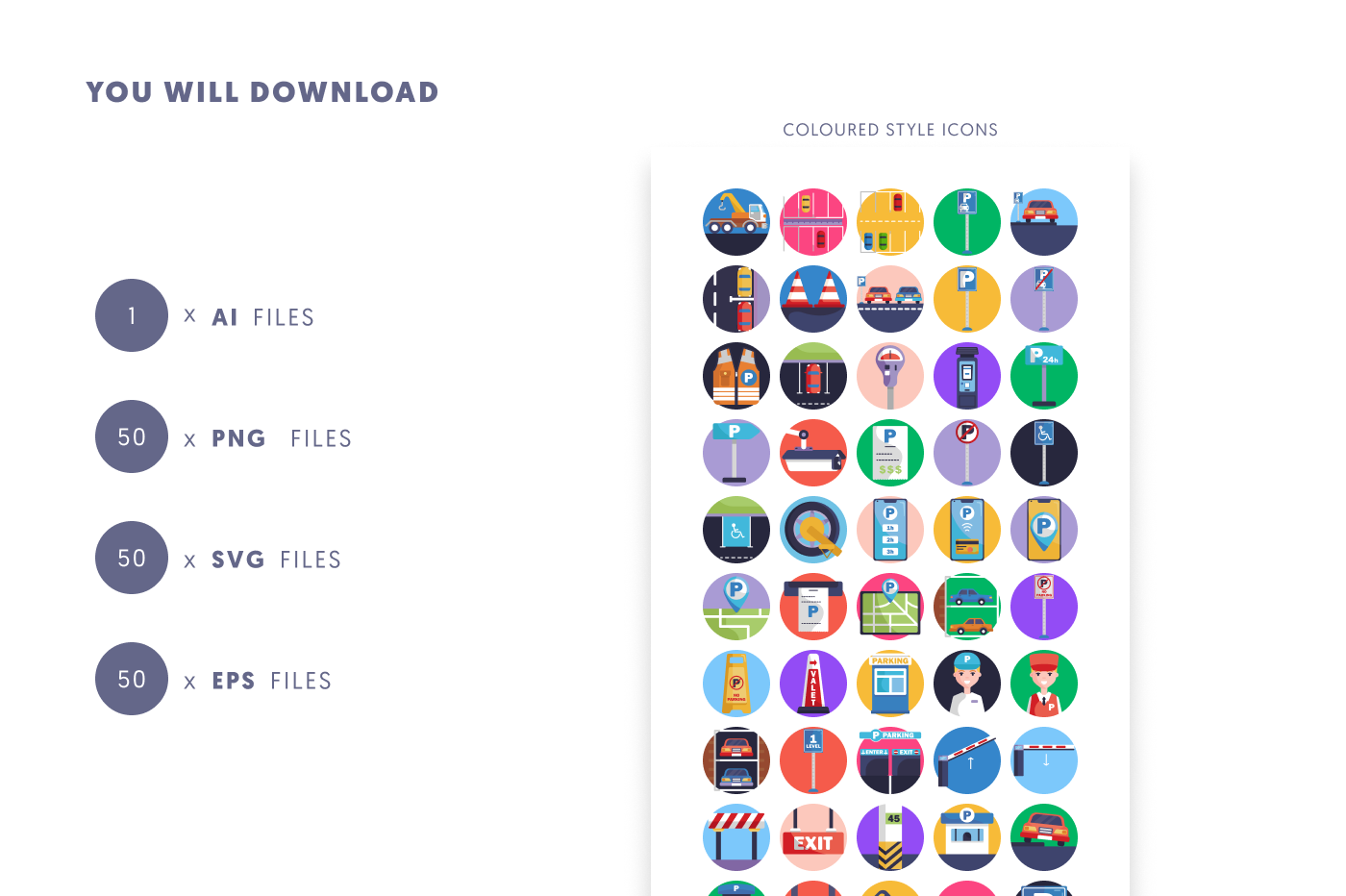 50 Parking Icons preview 9 – flat circle icons in PNG, SVG and EPS