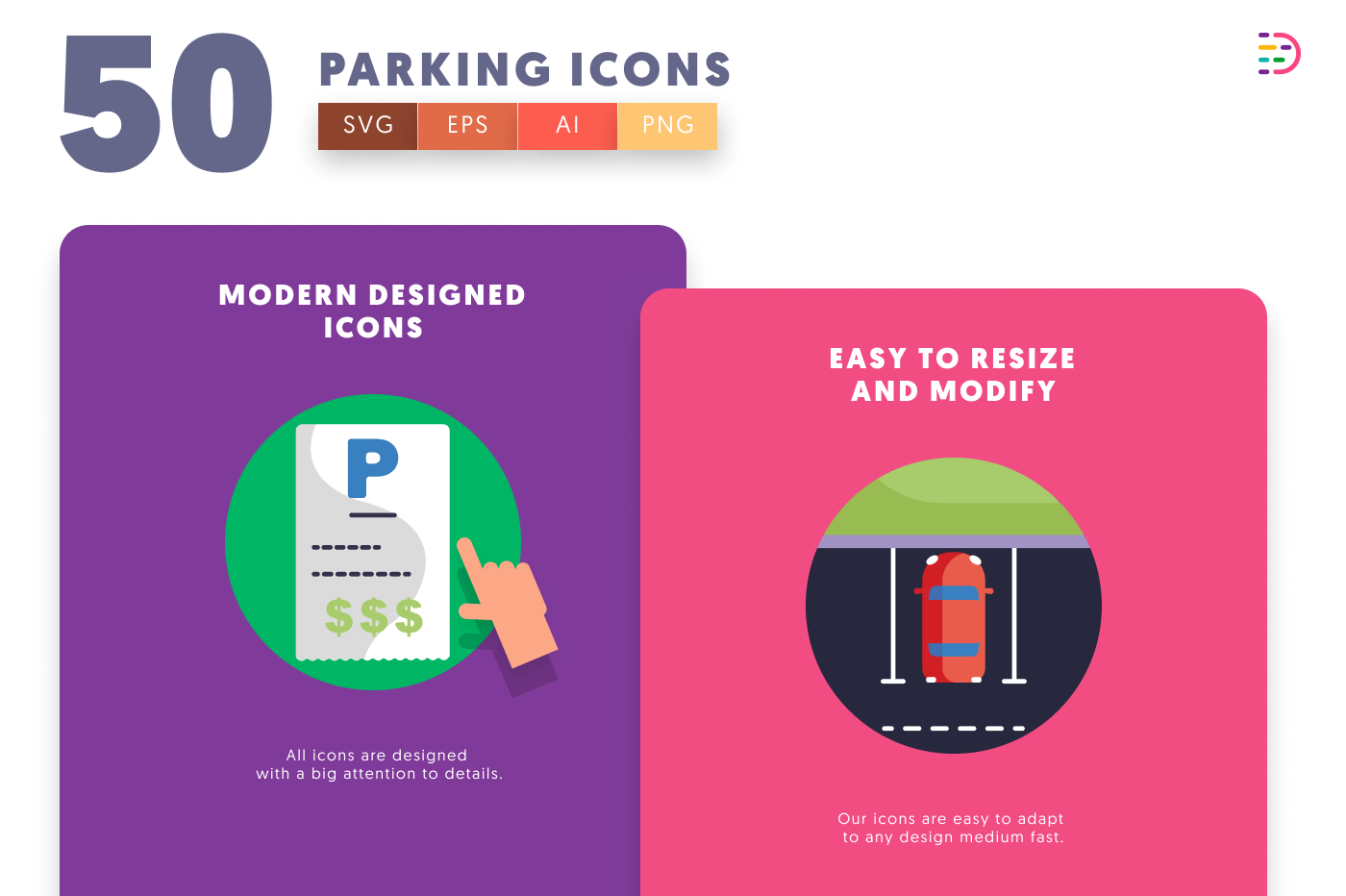 50 Parking Icons cover – flat circle icons in PNG, SVG and EPS
