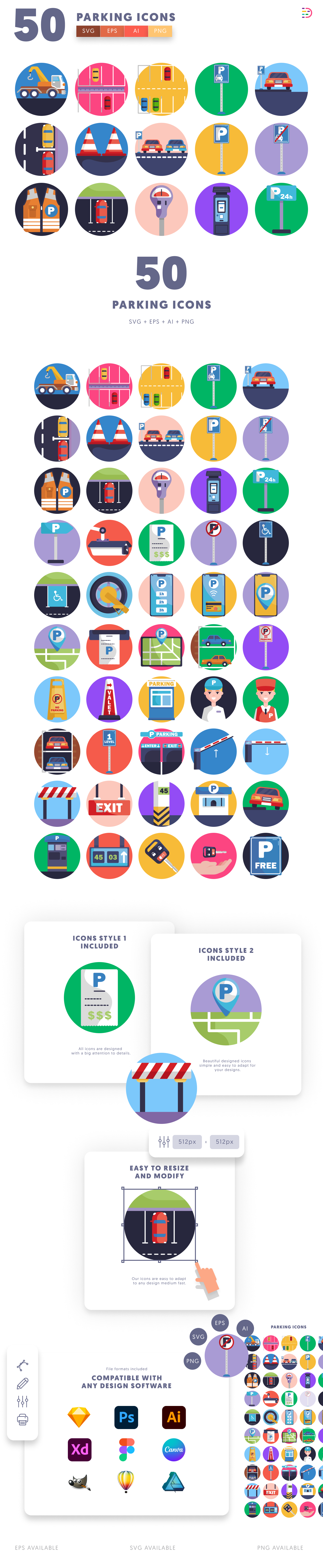50 Parking Icons cover – flat circle icons in PNG, SVG and EPS