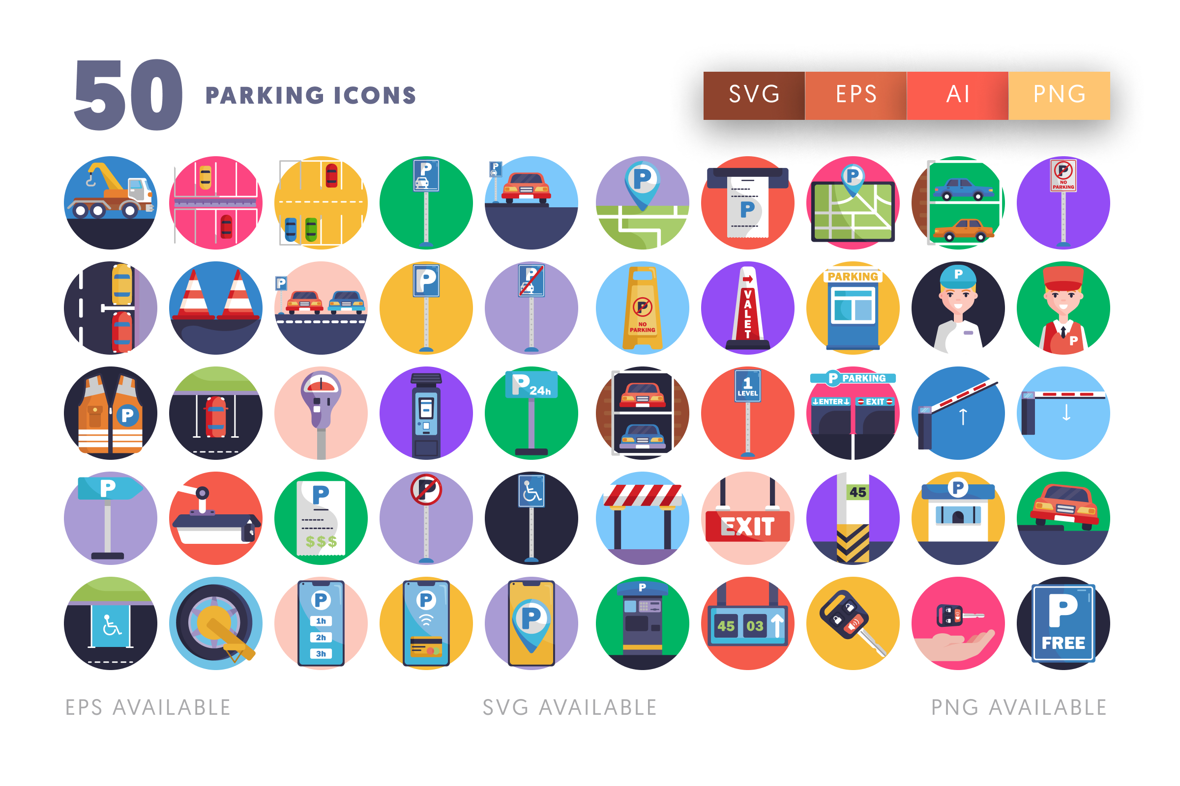 50 Parking Icons – flat circle icon set