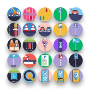 50 Parking Icons – set of colorful flat circle icons