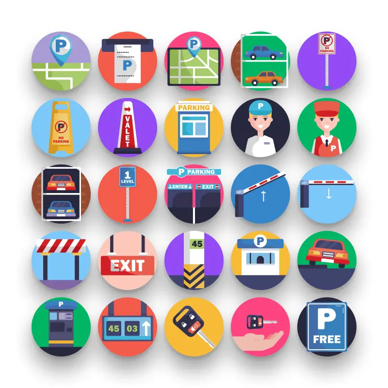 50 Parking Icons – set of colorful flat circle icons