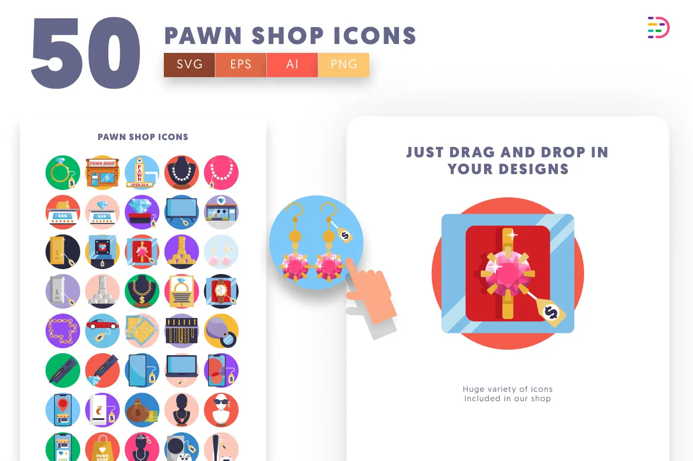 50 Pawn Shop Icons – set of colorful flat circle icons