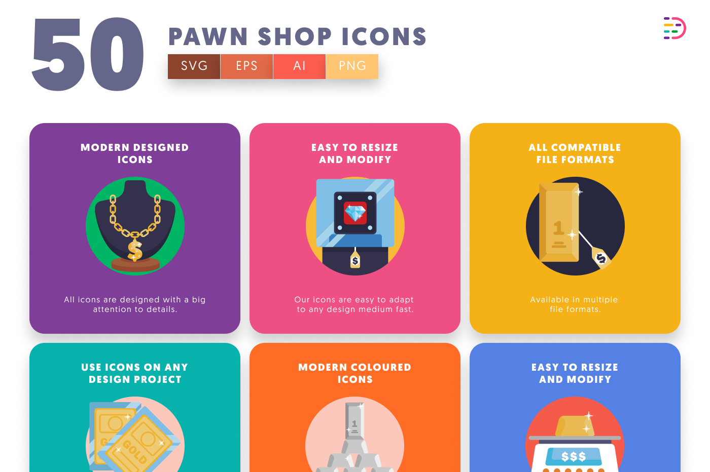 50 Pawn Shop Icons – set of colorful flat circle icons